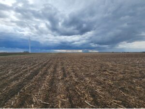 bare field with stormclouds in the distance