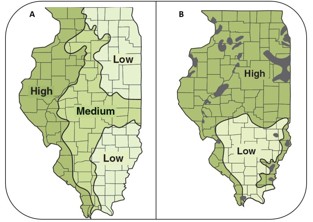 Figure 2A: Subsoil phosphorus-supplying power. Figure 2B: Cation exchange capacity (CEC) of Illinois soils. Source: Illinois Agronomy Handbook.