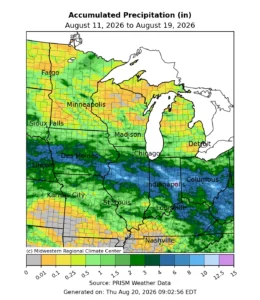 Midwest rainfall map showing recent precipitation totals